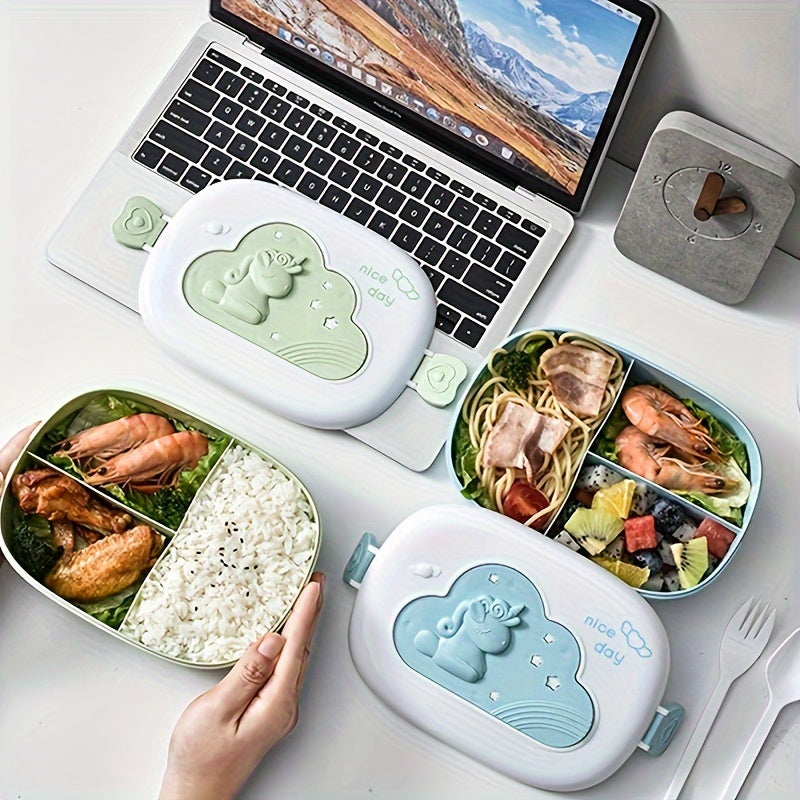 Durable Plastic Lunch Box with Playful Cartoon Design, Compartments, and Insulation - Perfect for Students and Office Workers. Microwave Safe and Manual Use, Portable Square Shape for Convenient Meal Storage.