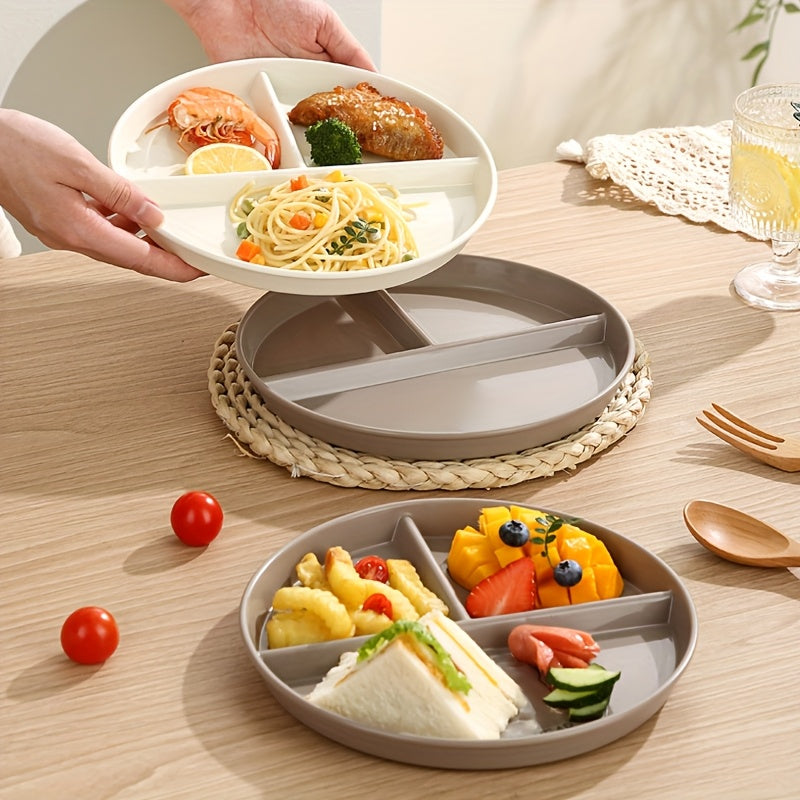 1/2/4pcs Round Plastic Partitioned Plates with 3 compartments, ideal for portion control, anti-drop, microwave and dishwasher safe, perfect for weight management and holiday meals.