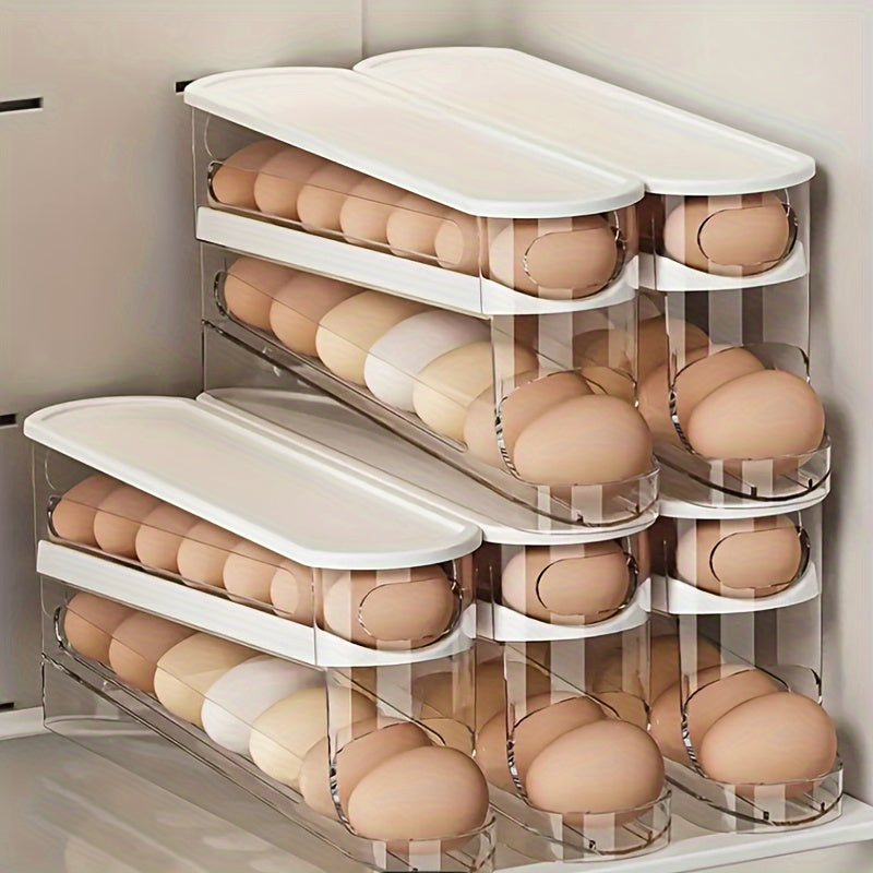 Introducing a convenient Double-Layer Transparent Automatic Rolling Egg Holder, perfect for the side door of your refrigerator. This innovative design makes accessing eggs a breeze, while also freeing up valuable space in your fridge. Versatile enough to