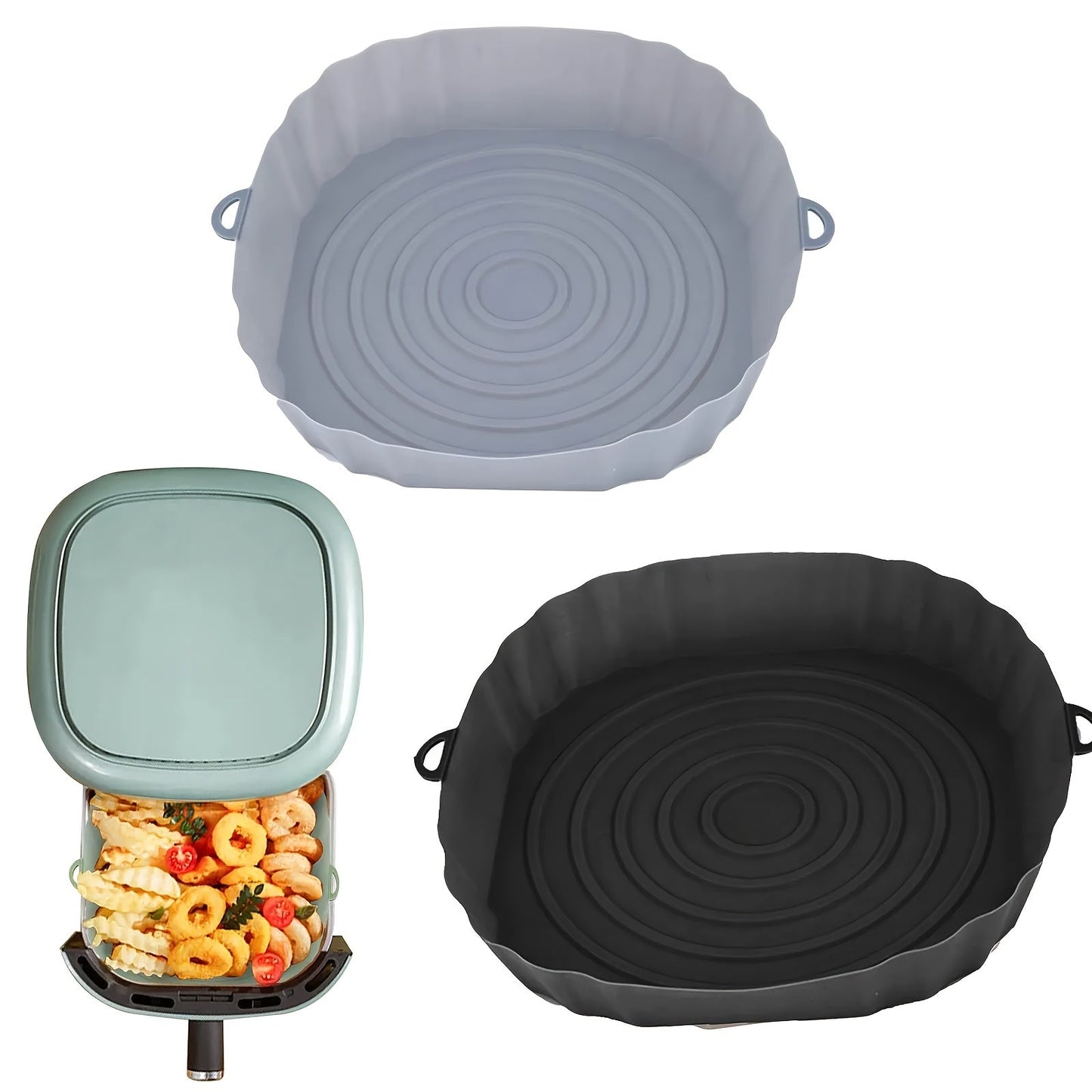 Two silicone air fryer liners, non-stick and reusable bakeware that is easy to clean and durable kitchen accessories designed to line your air fryer.