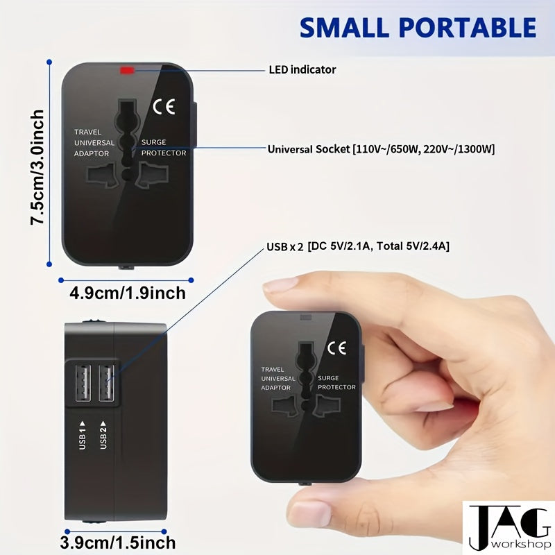 Travel adapter with 1pc compliance certification for US/EU/UK/AU plugs, covering over 150 countries. Suitable for iPhone, Samsung, Xiaomi, Android, iPad, and more. Ideal holiday gift.