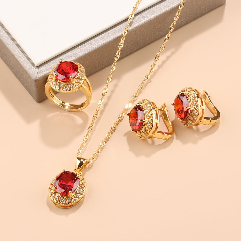 Sophisticated 4-Piece Jewelry Set - Featuring 18K Gold Plated Copper and Synthetic Zirconia Stones. Includes French-Style Necklace, Earrings, and Rings Combo perfect for Daily Wear or Weddings. Adorned with a Christmas Holiday Theme, this All-Season