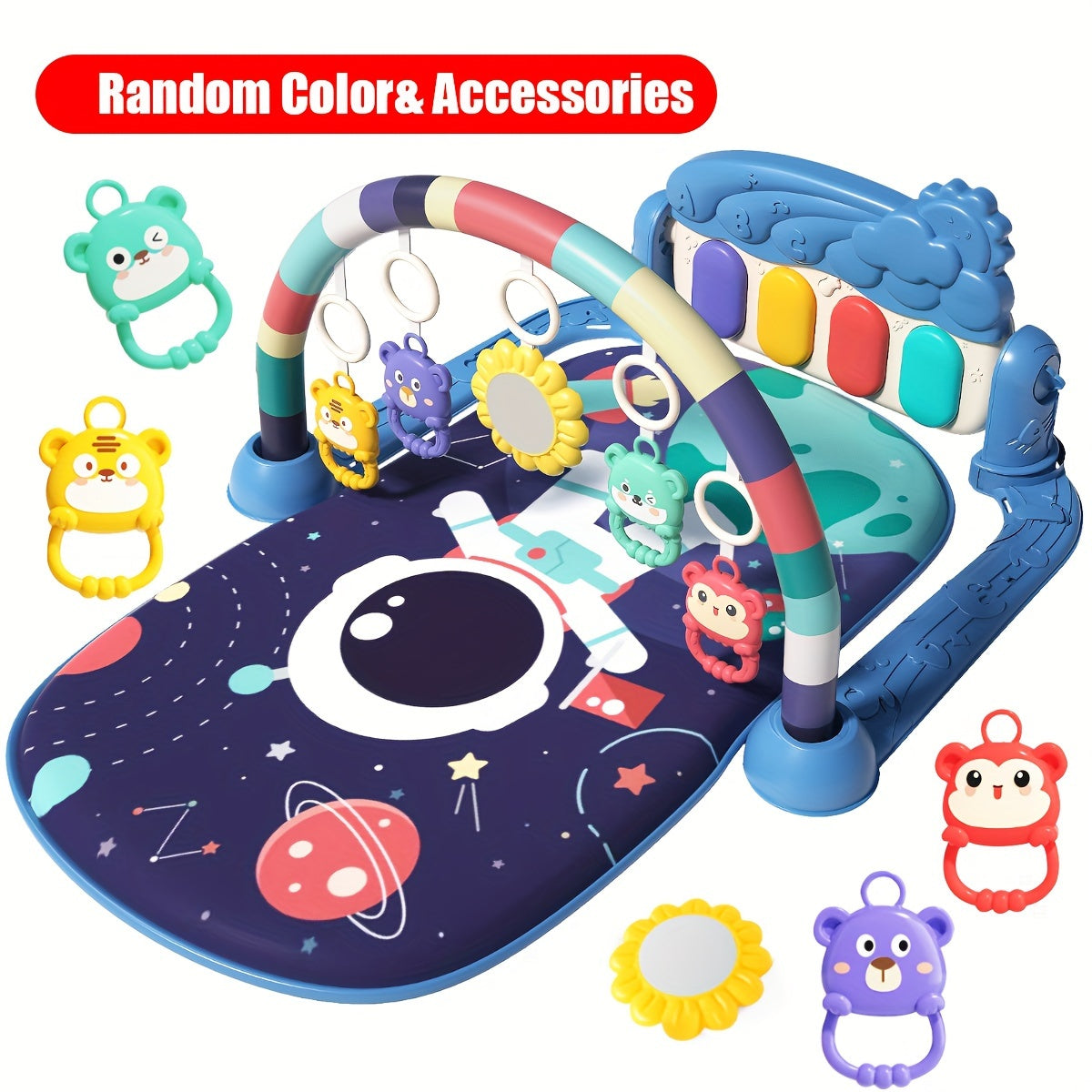 Musical baby gym play mat with piano and hanging toys, perfect for newborns. Features interactive lights and sounds, ideal gift for holidays. Assembly required. Made of polyester fiber.