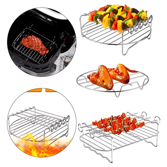 Multi-functional Air Fryer Accessory Set - Durable Stainless Steel Double-tier Rack with Skewers for Various Air Fryer Brands - Ideal for Grilling, Steaming, and Cooking a Variety of Foods