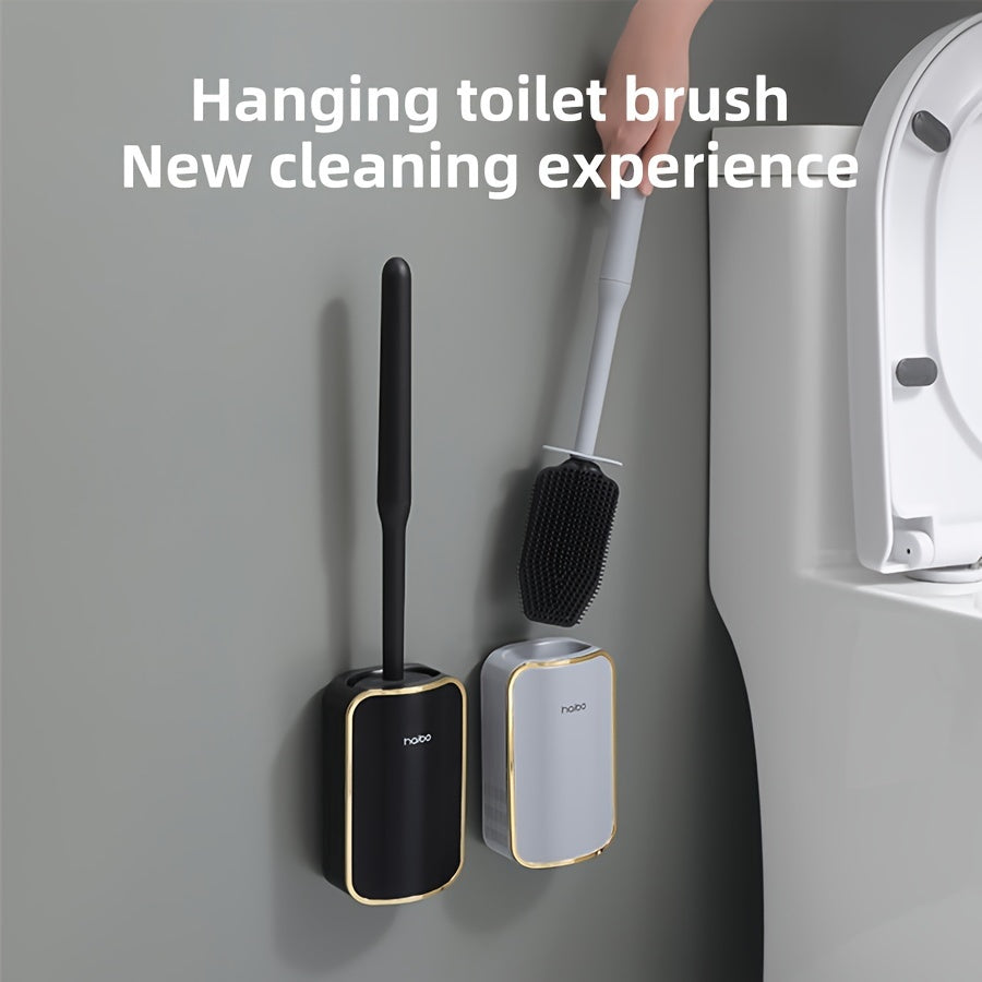 Elegant Wall-Mounted Toilet Brush Set with Extended Handle - Silicone Bristles, Effortless Cleaning for Bathroom, Complete Toilet Brush and Holder Set