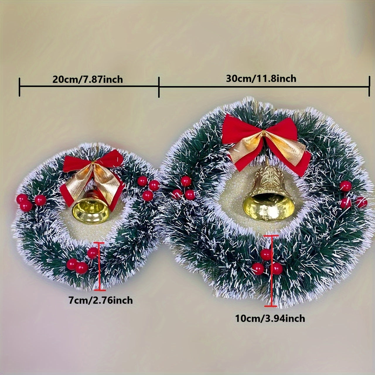 20/30cm Christmas Garland: Dark Green with White Edge, Bells, Red Fruit, Classic Bow