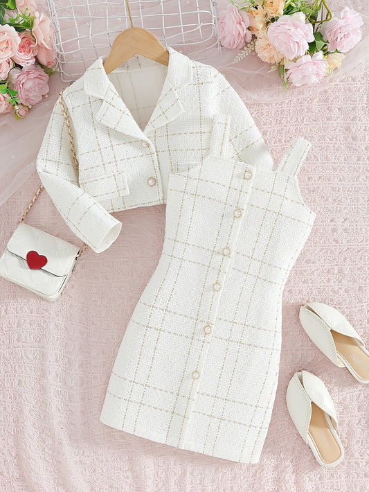 Girls' plaid two-piece set: collar jacket with pearl buttons and suspender dress. Suitable for fashion parties, travel, and formal occasions.