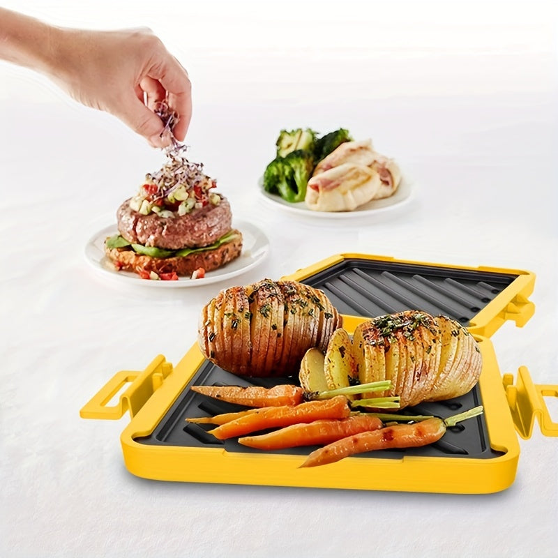 One piece Silicone Sandwich Maker featuring a removable non-stick surface, adjustable silicone straps for microwave toasting, dishwasher safe, no need for electricity, made of PFOA-free material, includes a lid.