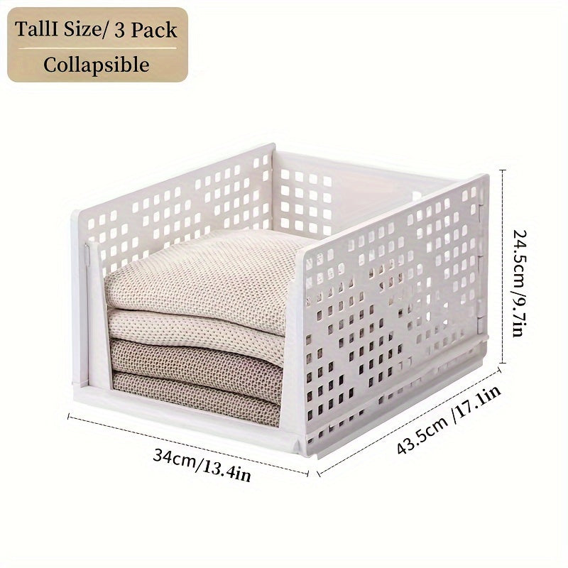 HOUCOC offers a convenient 3-Pack of Foldable Plastic Drawer Storage Bins. These freestanding wardrobe organizers are perfect for use in closets, bedrooms, and offices. The stackable clothes shelf baskets feature an easy slide design and require no