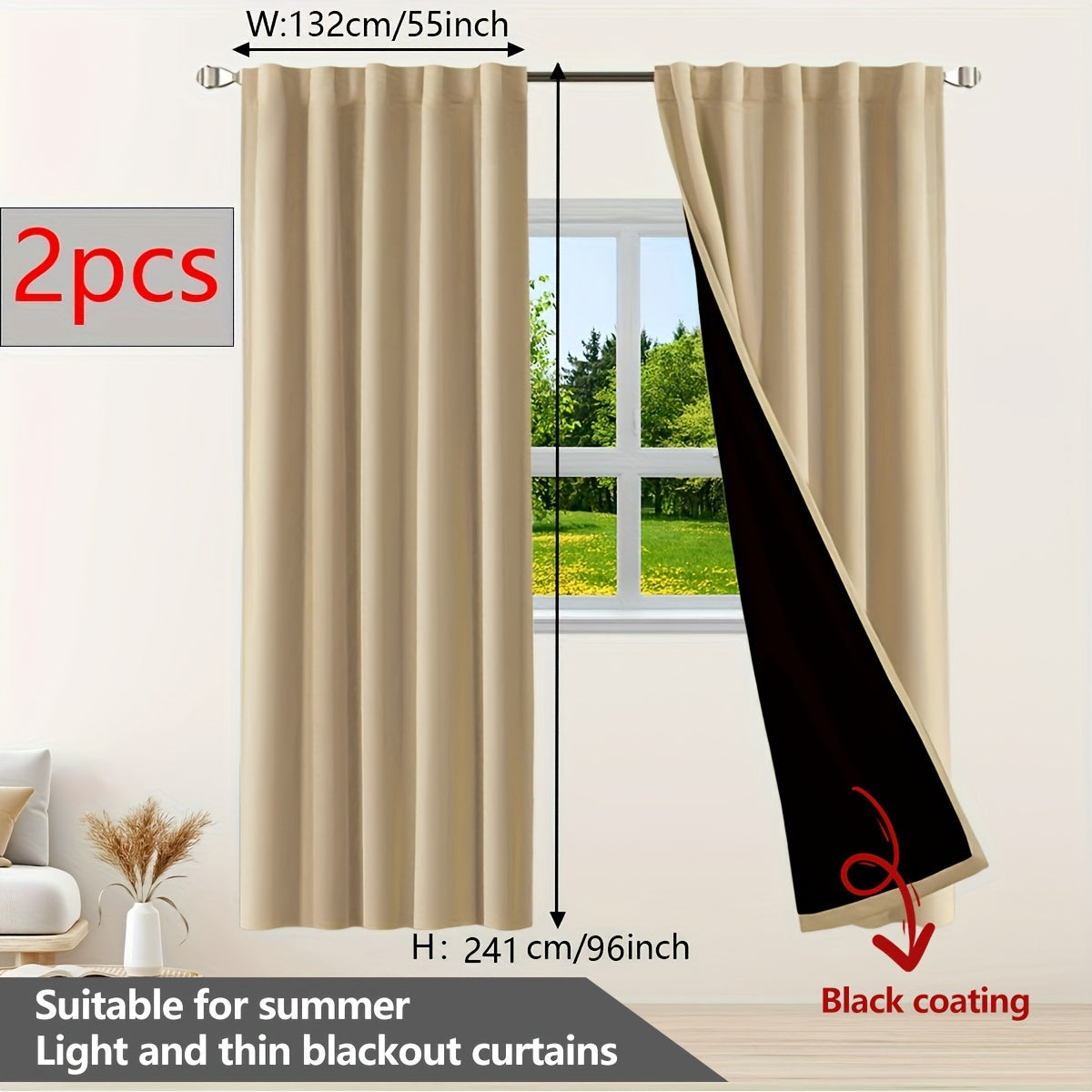 Two pieces of contemporary blackout curtains made from thermal insulated twill weave polyester. They are designed to reduce noise and block out light, making them perfect for the living room, bedroom, or study. These curtains feature a hook and ring rod