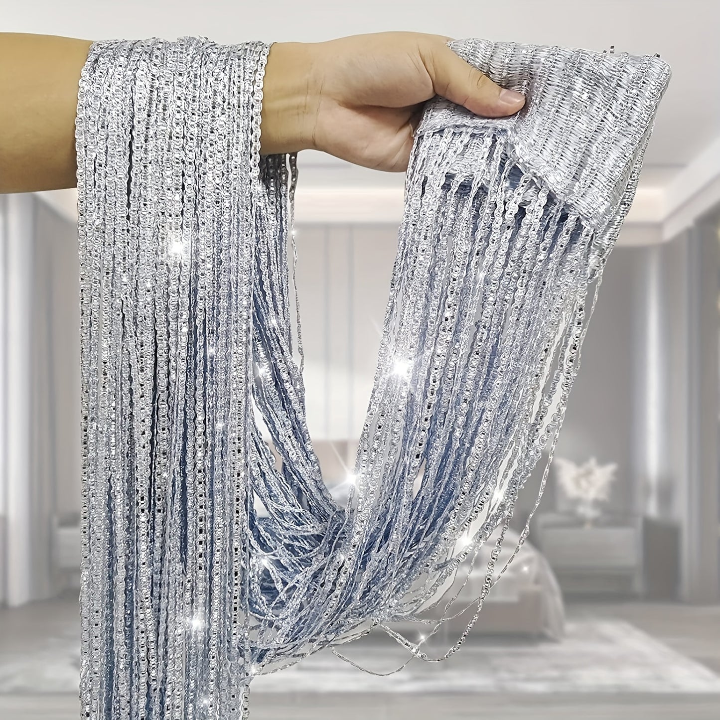 1 piece of silver gray tassel door curtain, measuring 1*2m, for wedding or home decoration.