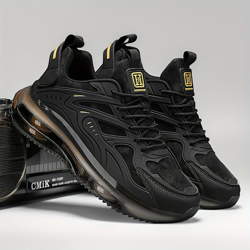 RLS Men's Road Running Shoes - Stylish Black with Golden Accents, Breathable Mesh Lining, Durable Rubber Sole, Secure Lace-Up Closure - Ideal for Casual & Athletic Wear, All-Season Comfort