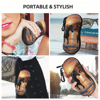 Trendy Horse Patterned Glasses Case - Stylish and Convenient Neoprene Eyewear Pouch with Zipper and Belt Clip for Women