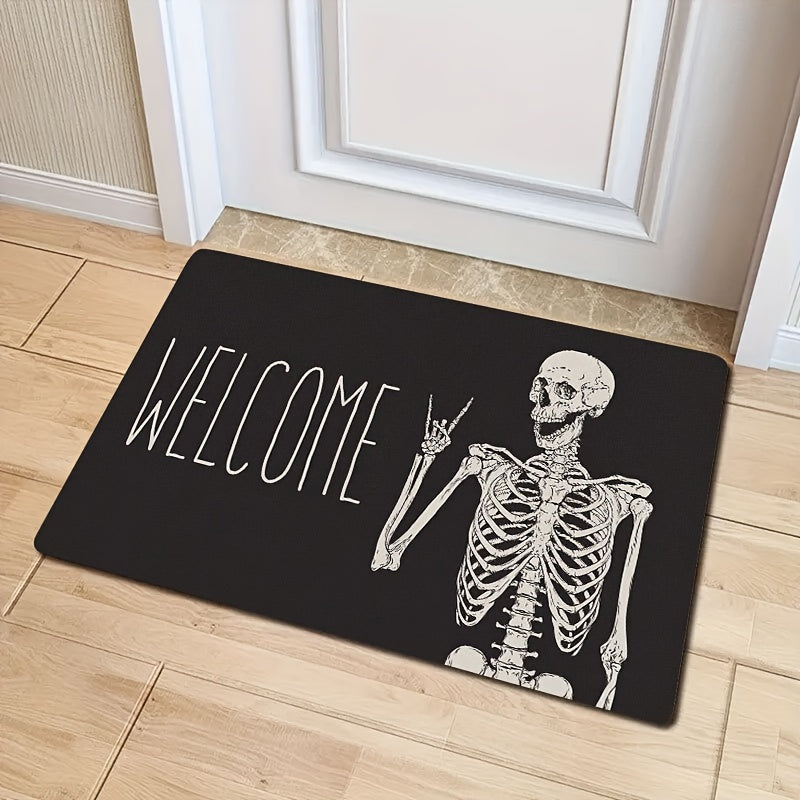 Welcome guests with this Halloween-themed Skull Doormat, designed for both indoor and outdoor use. This non-slip rug is easy to clean, stain-resistant, and low pile for safe and convenient use. Made of polyester and weighing under 700g/m², this festive