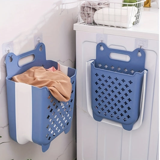 Contemporary Blue & White Wall-Mounted Foldable Laundry Basket with Star Cutouts - Space-Saving Dirty Clothes Organizer for Bathroom, Bedroom, or Laundry Room