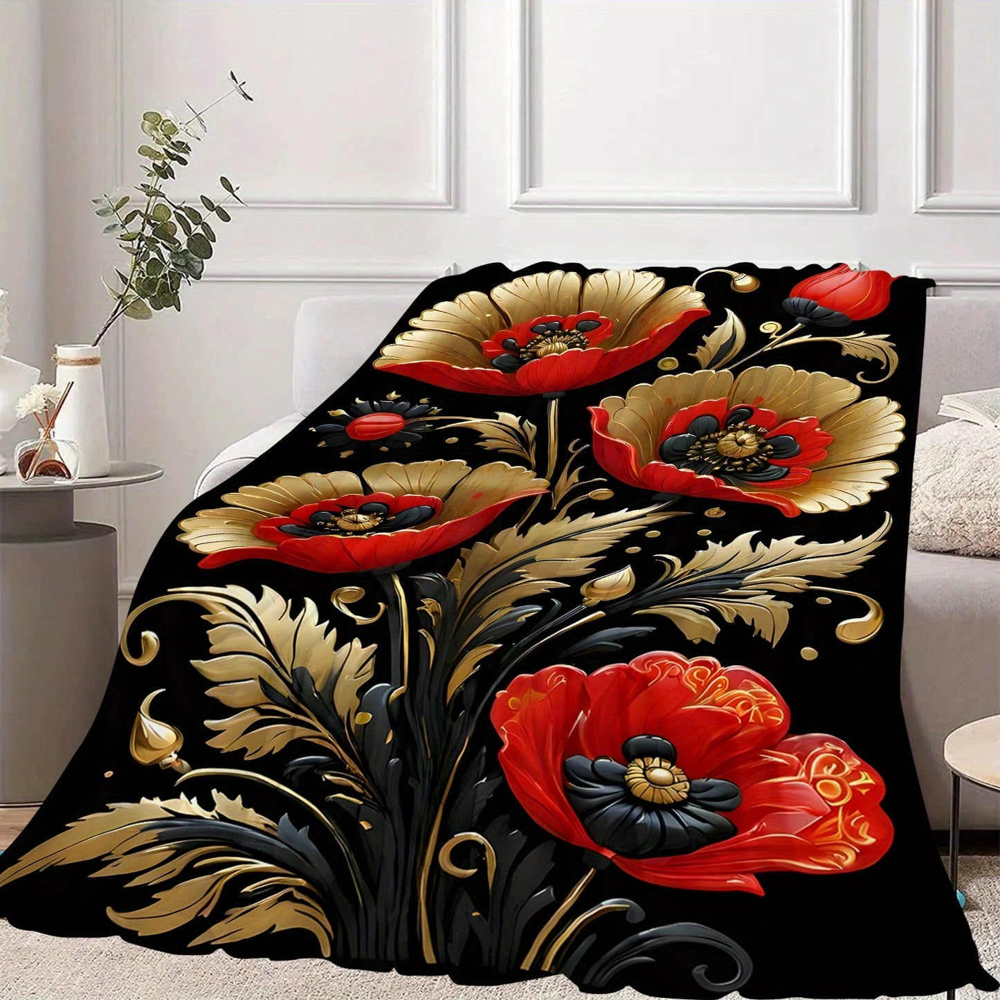 Soft and Comfortable Floral Printed Fleece Throw Blanket featuring a Golden and Red 3D Floral Design. Perfect for use in the Living Room, Bedroom, Sofa, or even on a Picnic. Made with Durable Polyester Fabric, this blanket is suitable for All-Season Use.