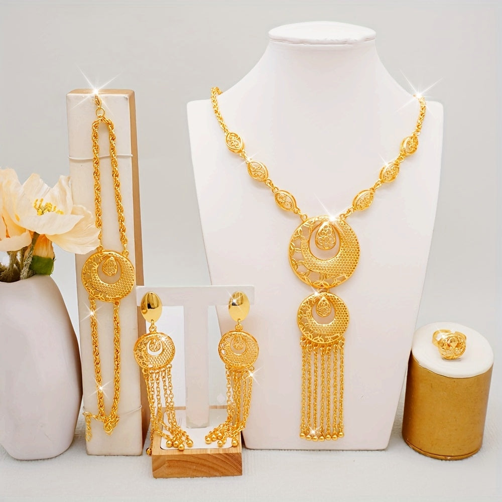 Elegant Urban Fashion Jewelry Set with 24K Gold Plating - Includes Zinc Alloy Tassel Necklace, Earrings, Bracelet, and Ring - Ideal for Weddings and Special Events - No Mosaic Design