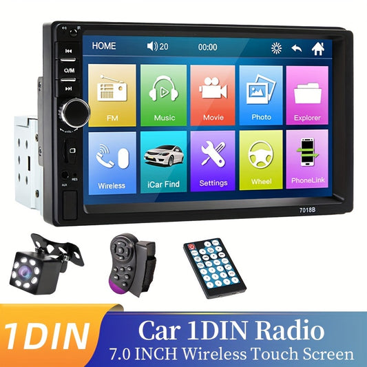 1DIN Car Stereo Radio with 7-inch Touch Screen, Wireless Multimedia Player, FM/Aux/USB Inputs, MirrorLink Smartphone Sync, Rear View Camera & Steering Wheel Control option, ≤36V Operating