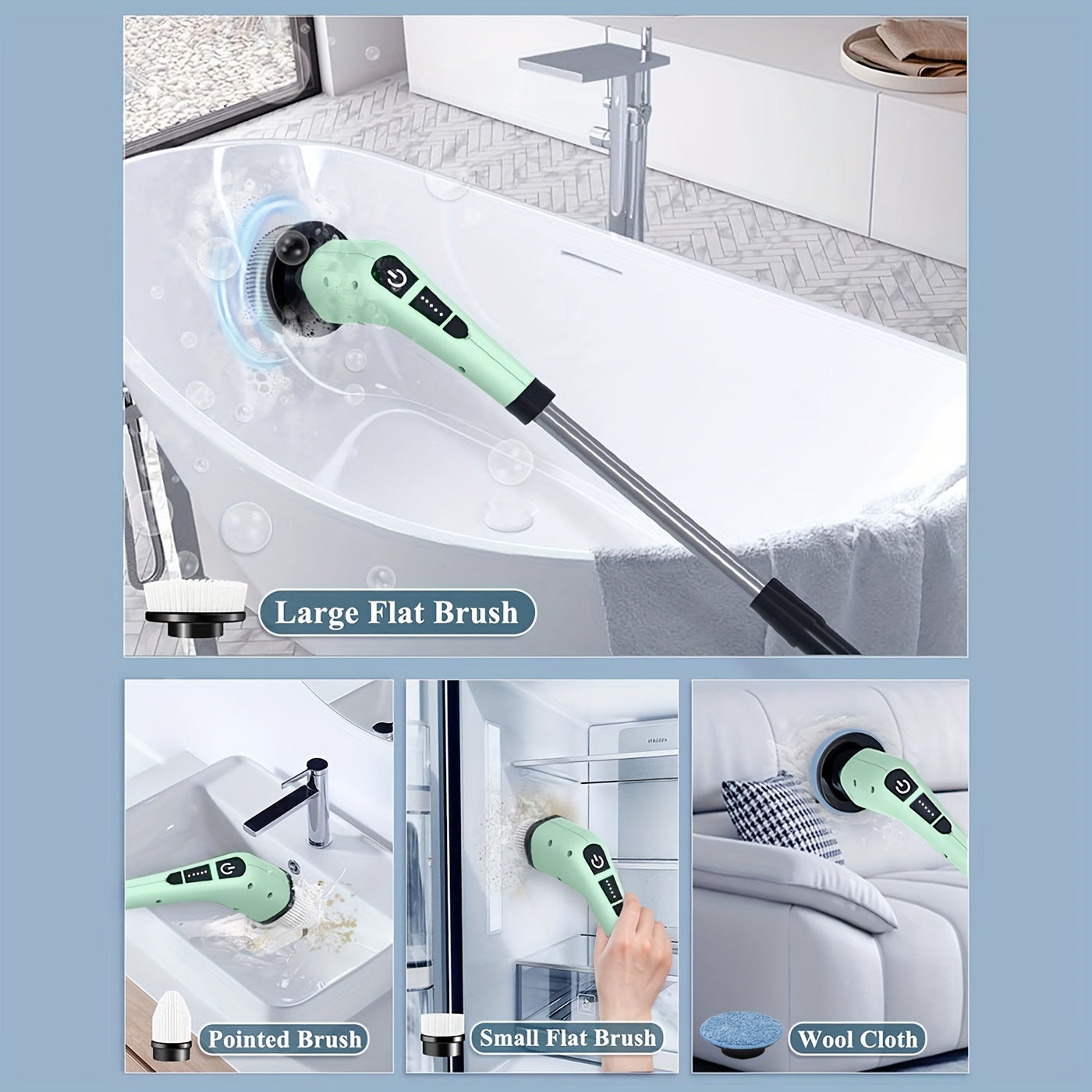 One set of rechargeable electric spin scrubber with 7 replaceable brush heads. Features an adjustable long handle, 2 speeds, swivel heads, cordless operation with lithium battery power. Perfect for bathroom, kitchen, bathtub, tile, shower, car cleaning