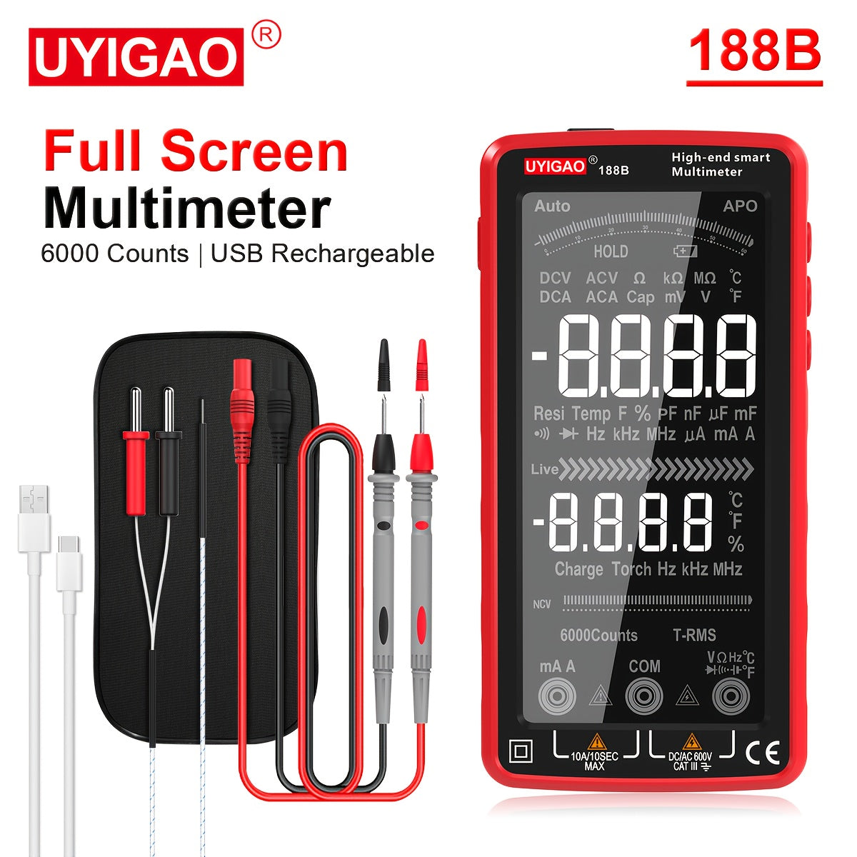 1pc UYIGAO Smart Digital Multimeter with Auto-Ranging TRMS, 6000 Counts, Slip-Resistant Grip, Measures AC/DC Voltage, Current, NCV, Ohm, Amp, Resistance, Diodes, Continuity, Capacitance