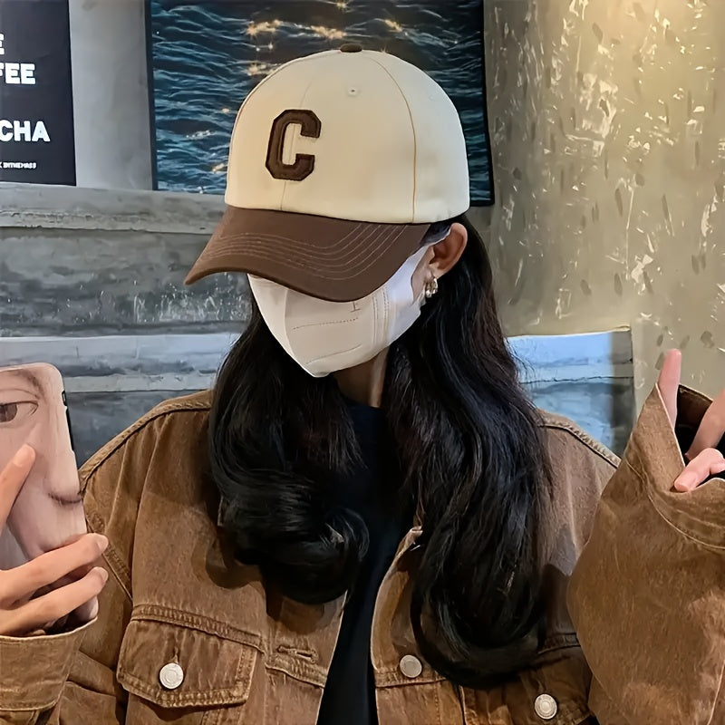 Cotton knit baseball cap with C letter embroidery, adjustable buckle back, lightweight and versatile for all seasons - perfect for outdoor casual wear.