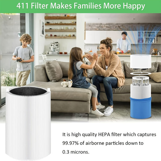 Blue Pure 411 filter replacement compatible with Blueair Blue Pure 411 air purifiers, featuring H13 true HEPA filter and activated carbon for maximum purification.