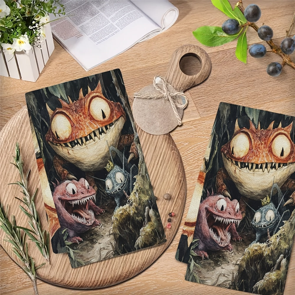 Two pieces of incredibly plush kitchen towels featuring designs of Cryptid Creatures from around the world. These highly absorbent and machine washable dish towels measure 40.64x60.96 cm, making them perfect for holiday decor in the kitchen. These