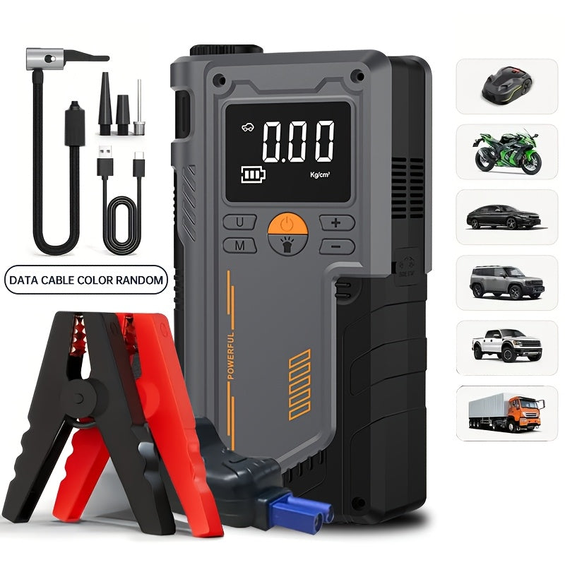 Introducing a versatile portable emergency starter with tire inflator, USB charging, and LED light, perfect for cars, motorcycles, bicycles, and more.