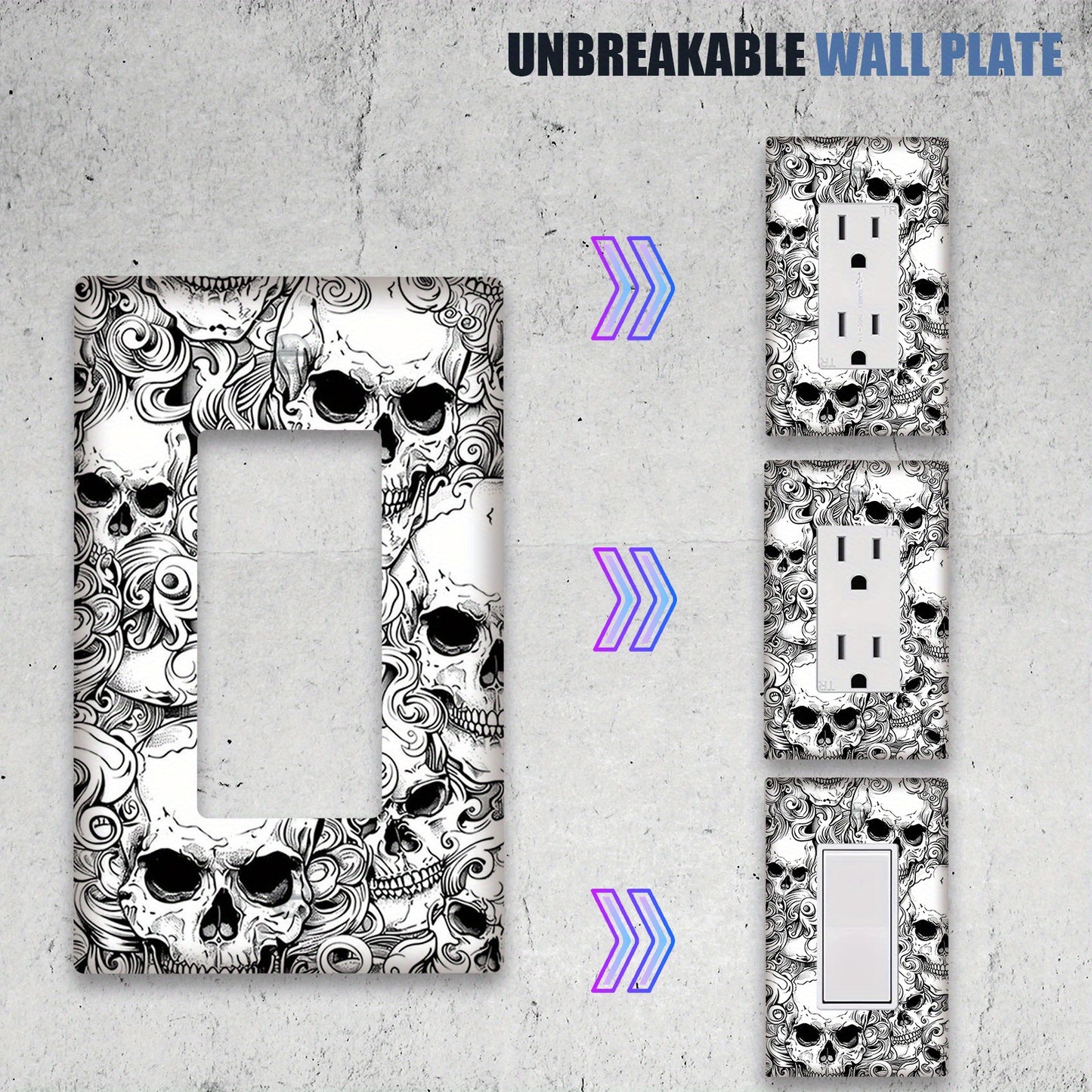 Durable skull design wall plate cover for home or office, easy to clean, no battery needed.