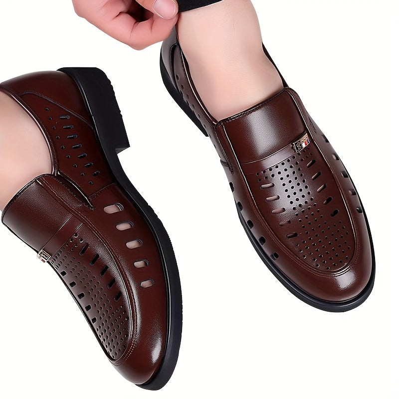 Men's slip-on formal shoes with hollow out design, wear-resistant and non-slip for business wear.