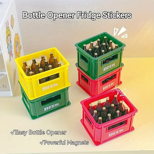 Pack of 1/2 magnetic bottle openers with beer crate design, doubles as a refrigerator magnet, high aesthetic value and simulates a beer box cap lifter.