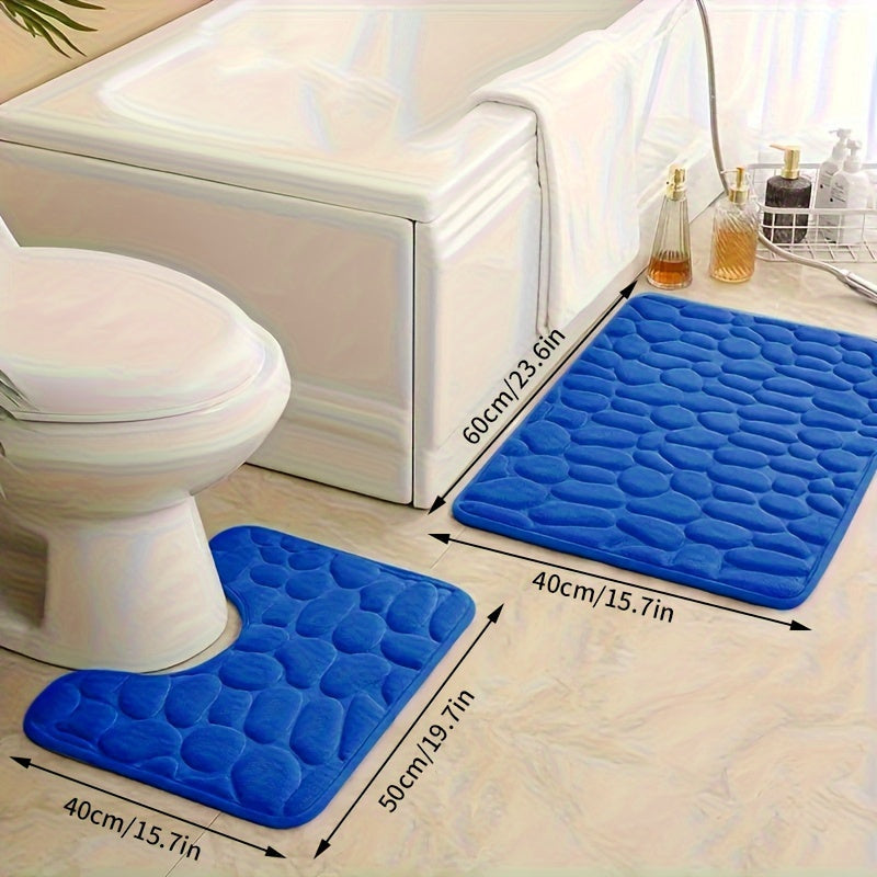 Two pieces of ultra-soft bath mats with stone embossing, 25D thick sponge material. Non-slip and highly absorbent, suitable for use in the shower, kitchen, laundry room, and as bedroom decor.