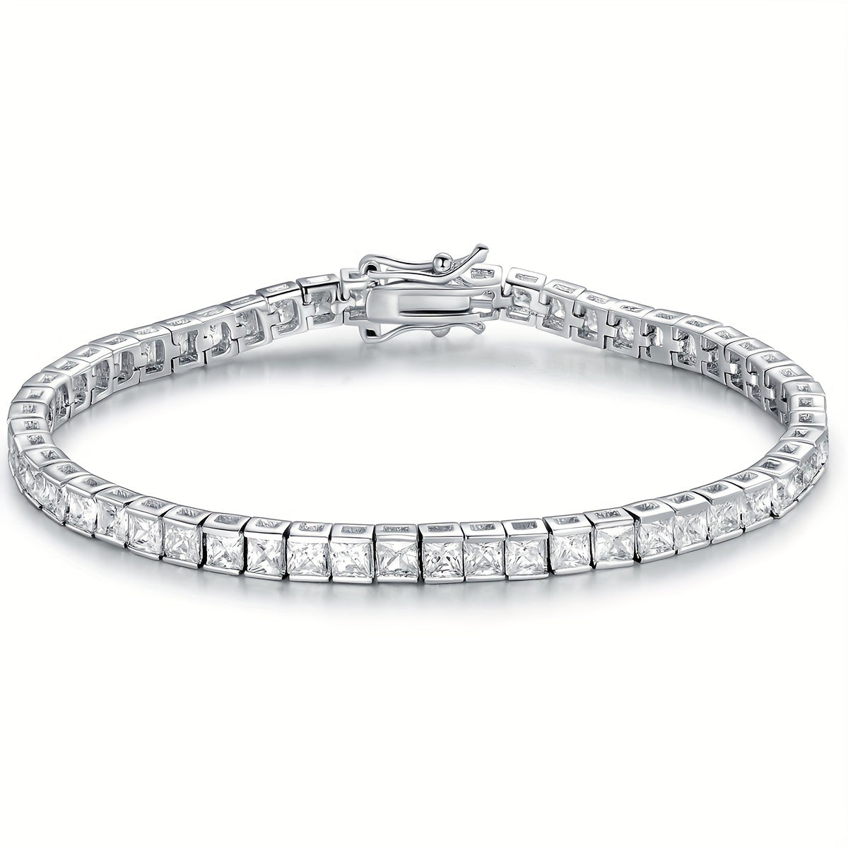 Elegant hand jewelry decor featuring a square, shiny zirconia tennis bracelet.