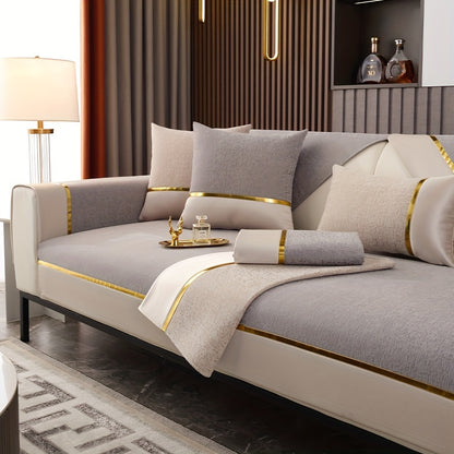 Chenille sofa slipcover with non-slip design and golden edge, ideal for protecting furniture in any room.