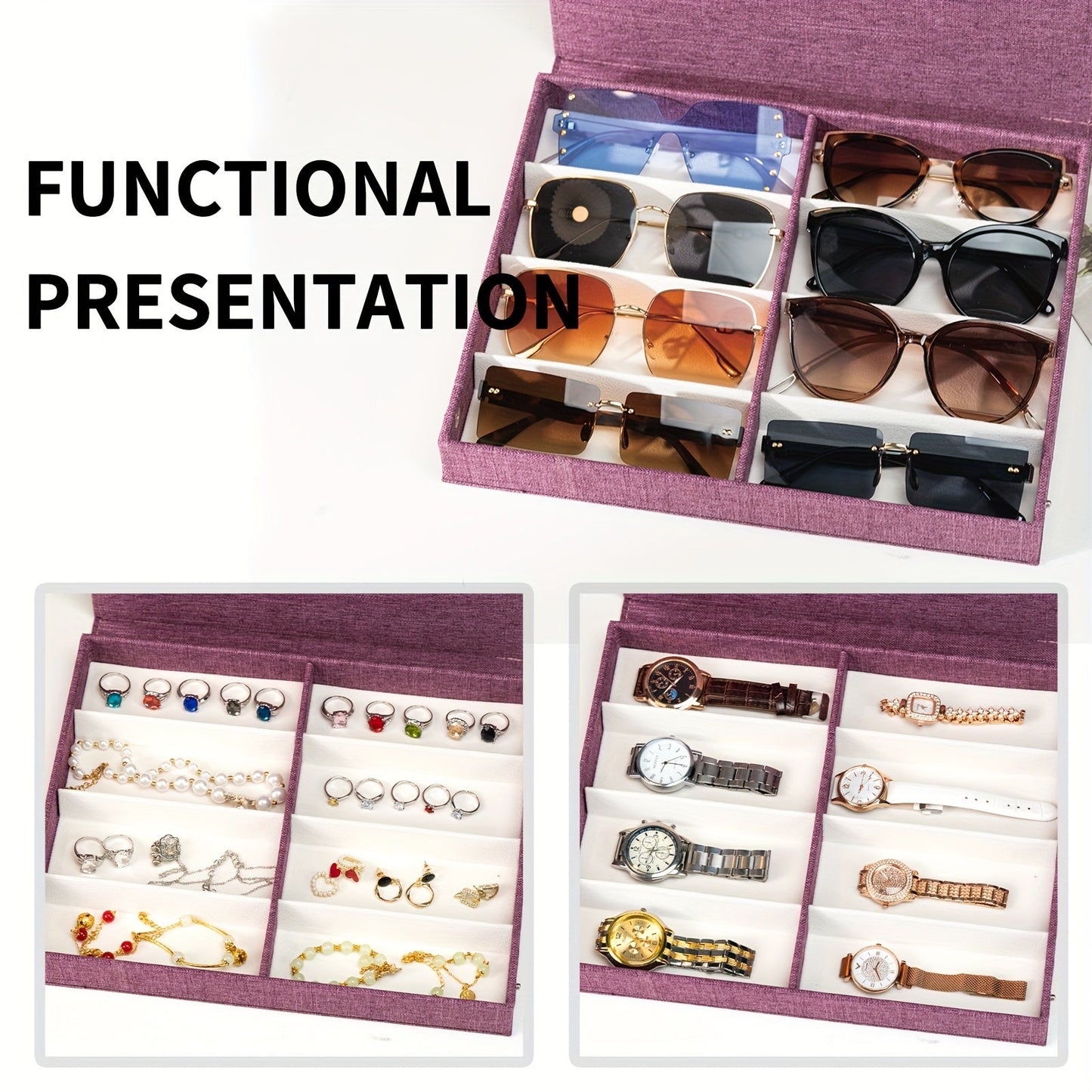 Stylish and sleek 8-Compartment Organizer for Glasses, Jewelry & Watches - Convenient Double Row Storage Box with Knit Design