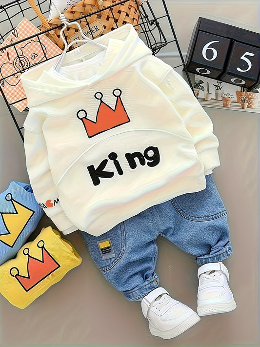 Autumn set for boys: long sleeve top and pants with crown embroidered hoodie and jeans for casual outdoor fashion.