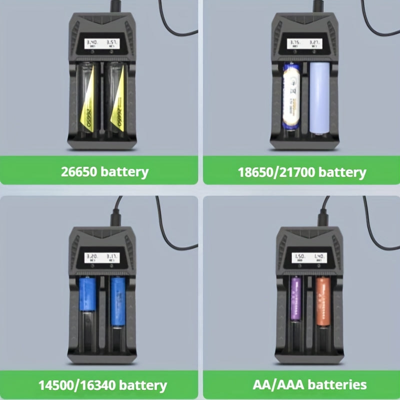 Universal USB Lithium Battery Charger compatible with various rechargeable batteries, with full voltage display.