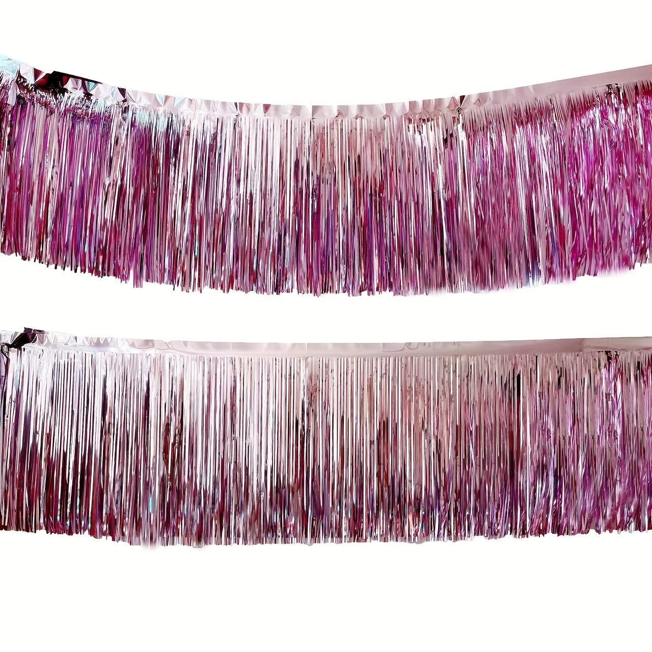 1 piece of Fringe Backdrop and Foil Curtain Backdrop in Hot Rose Pink and Princess Pink, 30 x 300cm / 1 x 10 feet each. Perfect for Streamers Party Decorations, Wall Hanging, Parade Floats, Wedding, Mardi Gras, Birthday, Valentine's Day Party Decoration.