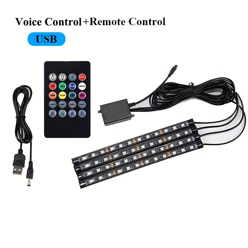 Car LED foot light strip with music voice control, app control, and RGB decorative lighting.