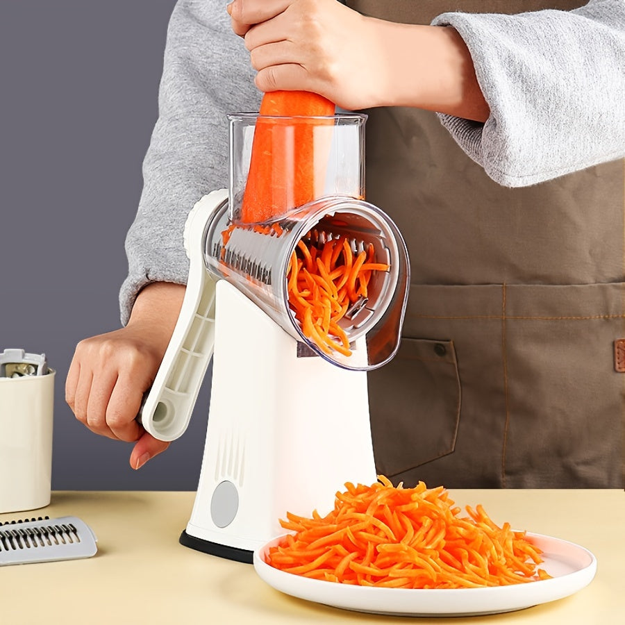 Versatile Kitchen Tool: Manual Rotary Mandoline Slicer with Interchangeable Blades - Made of ABS Material, Hand Crank Operation for easy slicing, grating, and shredding of vegetables and cheese.