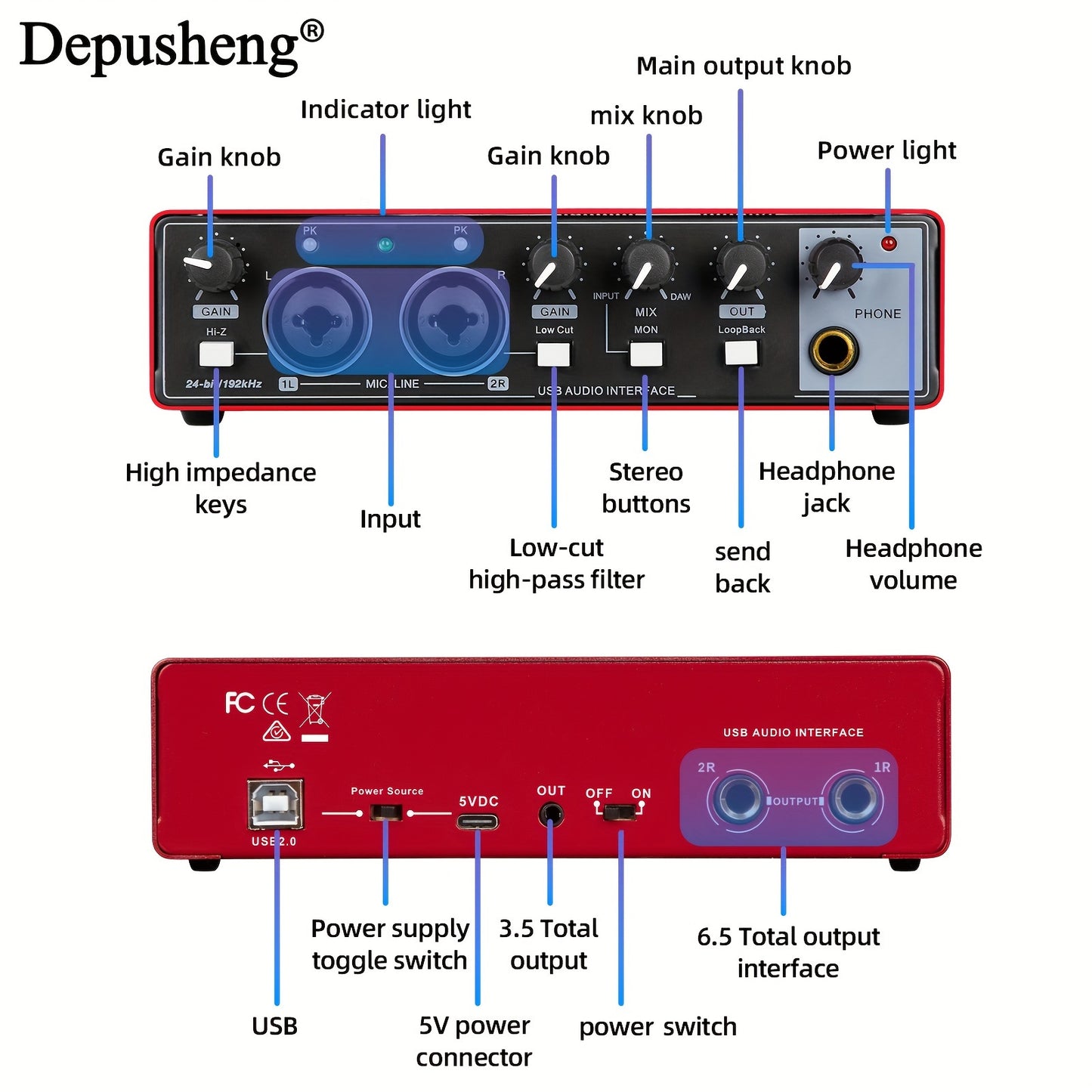 DEPUSHENG USB Audio Interface for Recording, Streaming, and Podcasting with Low Latency, 24Bit/96kHz, XLR with Phantom Power - Red