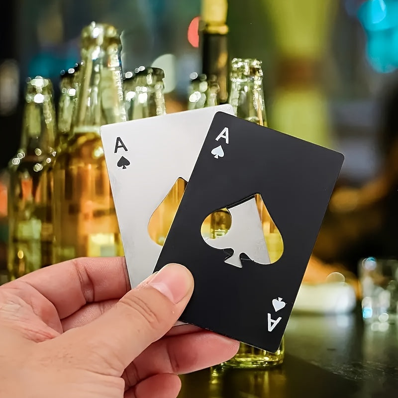 Ace of Spades bottle opener - metal, poker card design, stainless steel, pocket-sized, room decor.