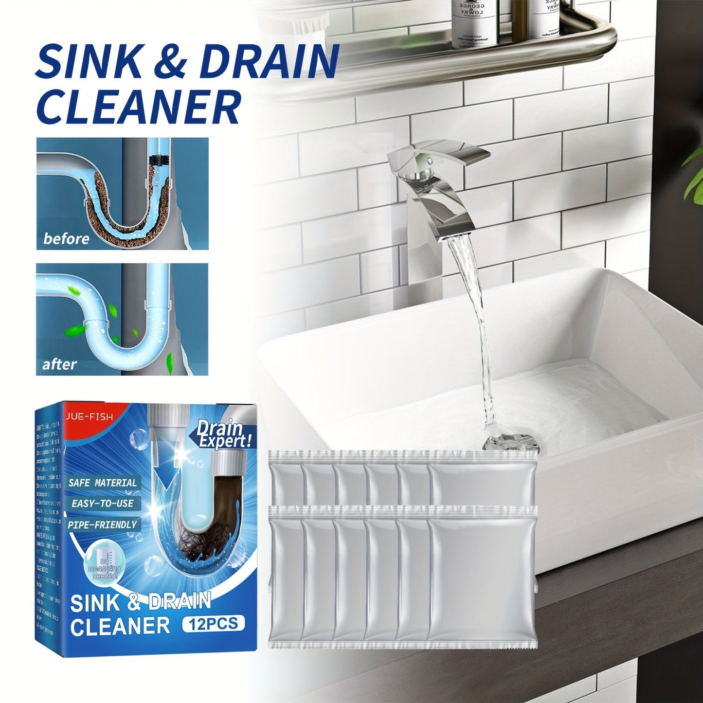 12 pieces of Sink & Drain Cleaner for removing clogs and deodorizing drains in your home's bathroom and kitchen. This cleaning tool is an essential for apartments.