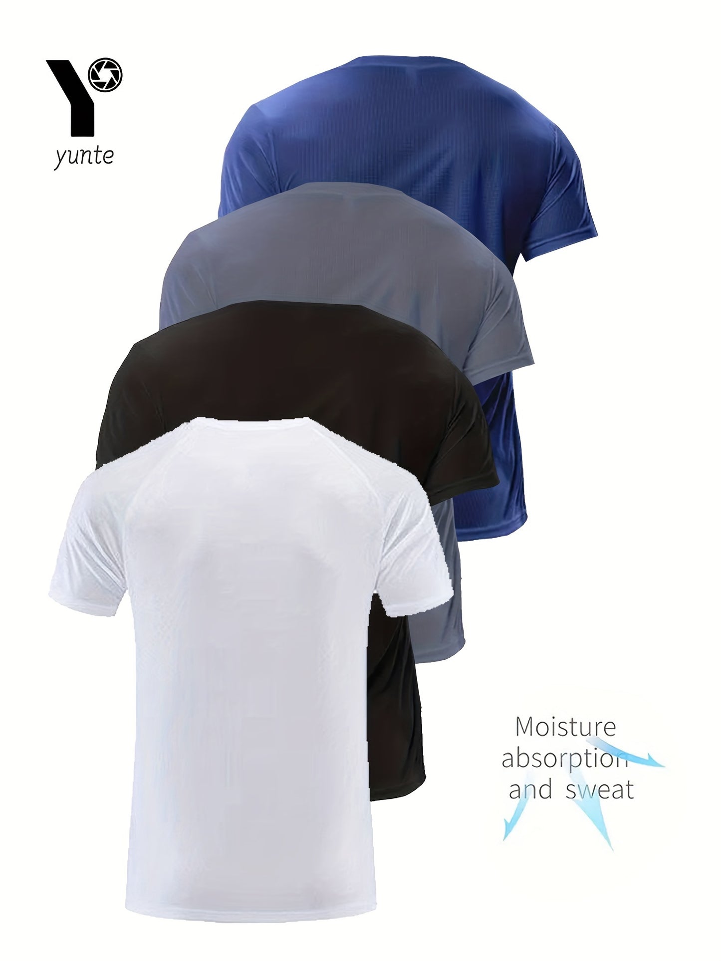 4 Men's Quick-Dry Athletic T-Shirts in Black, White, Gray, Navy - Ideal for Gym, Running & Fitness Training