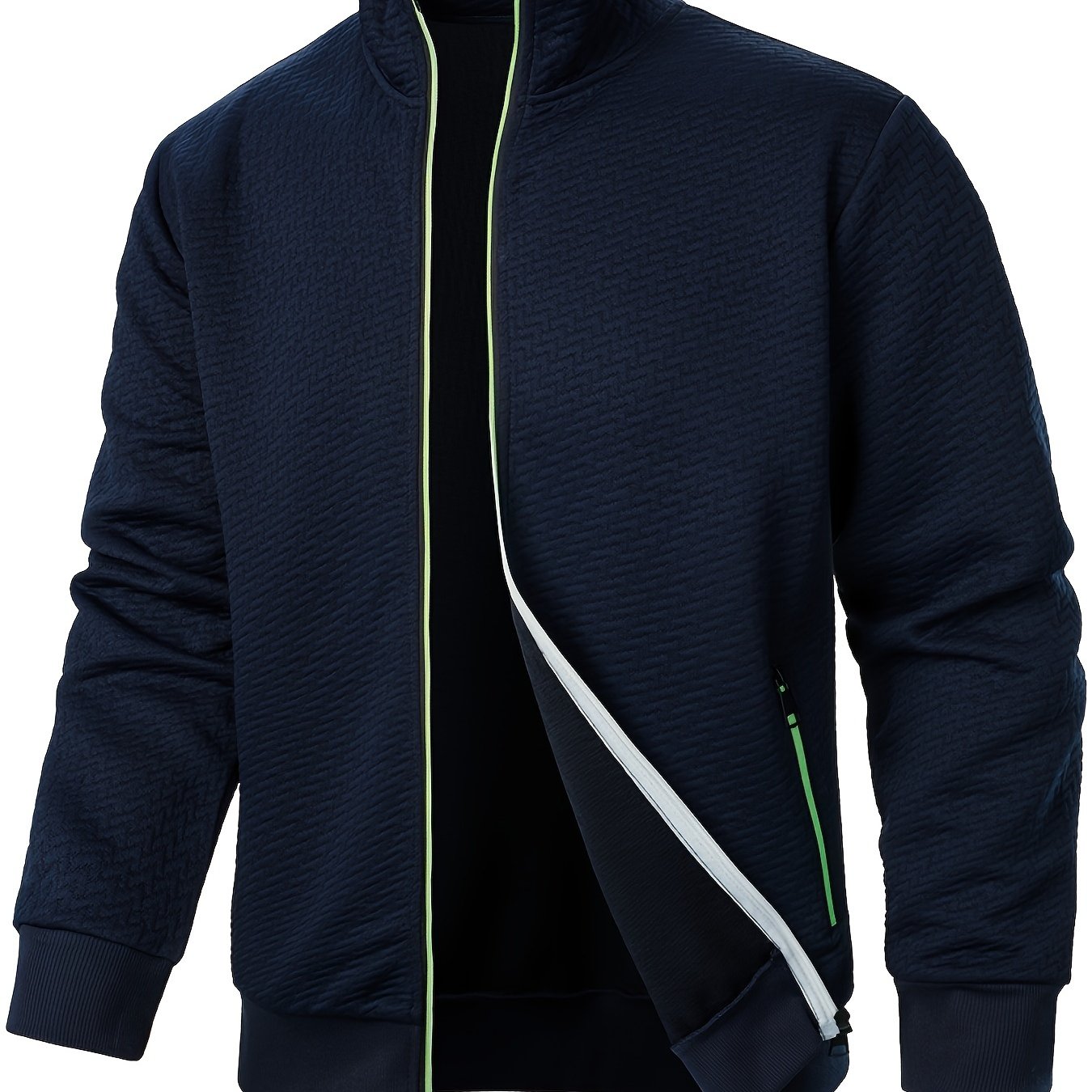 Men's Casual Zip Up Jacquard Jacket with Stand Collar and Hoodie, suitable for Spring, Fall, and Winter.