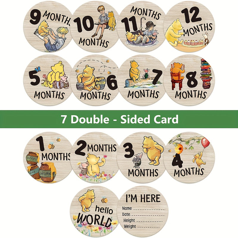 7 pieces of milestone cards for 1-12 months, featuring double-sided photography milestones for your baby's first year. Use these growth cards as props for photos to document your pregnancy journey and mark special milestones during showers and other