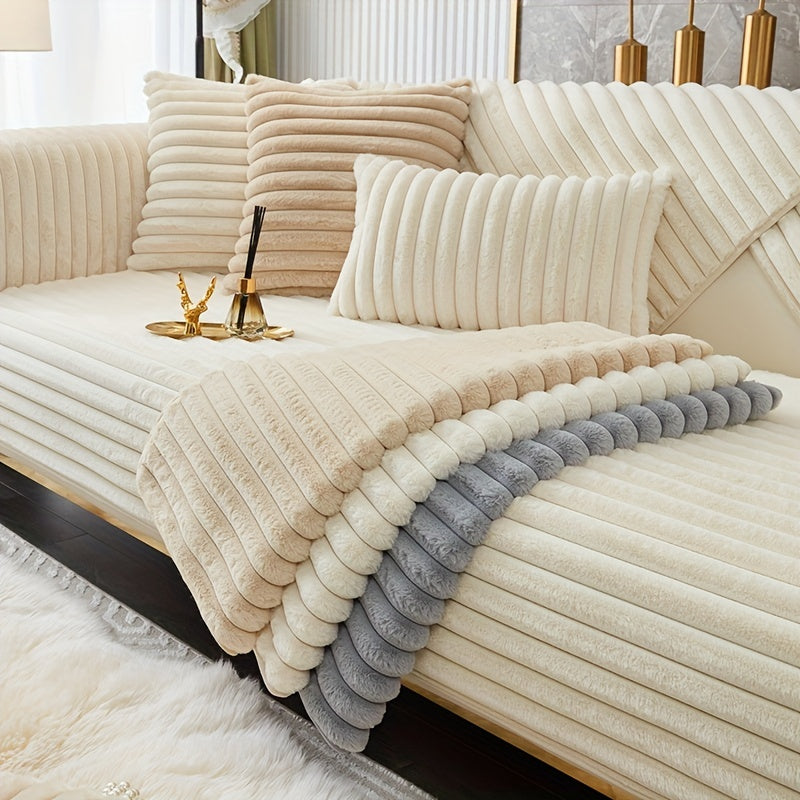 Machine washable sofa slipcover made of non-slip rabbit fur for home decor in bedroom, office, and living room.