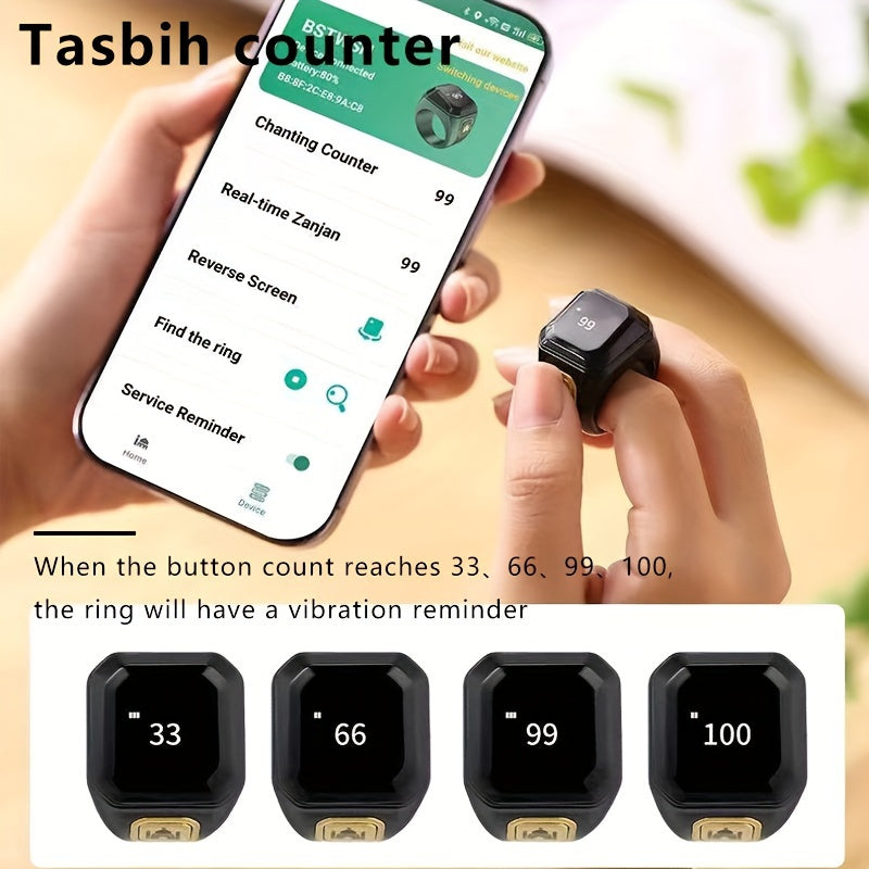 Fashionable Smart Prayer Watch Ring with prayer counter, reminders, directional guide, OLED screen, long-lasting battery, declaration alarm, beads, and charging cable. Perfect gift for