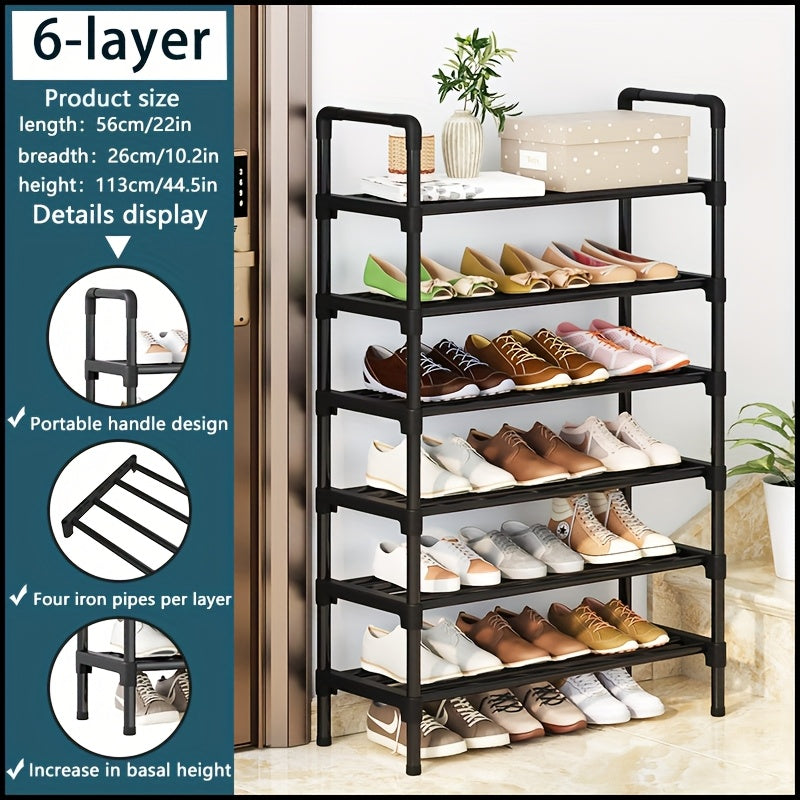 Upgrade your shoe organization with this sleek black metal and plastic shoe rack. With six tiers, it provides ample storage space for all your shoes, whether in the entryway, bedroom, or even outdoor. This stackable and freestanding shoe organizer is