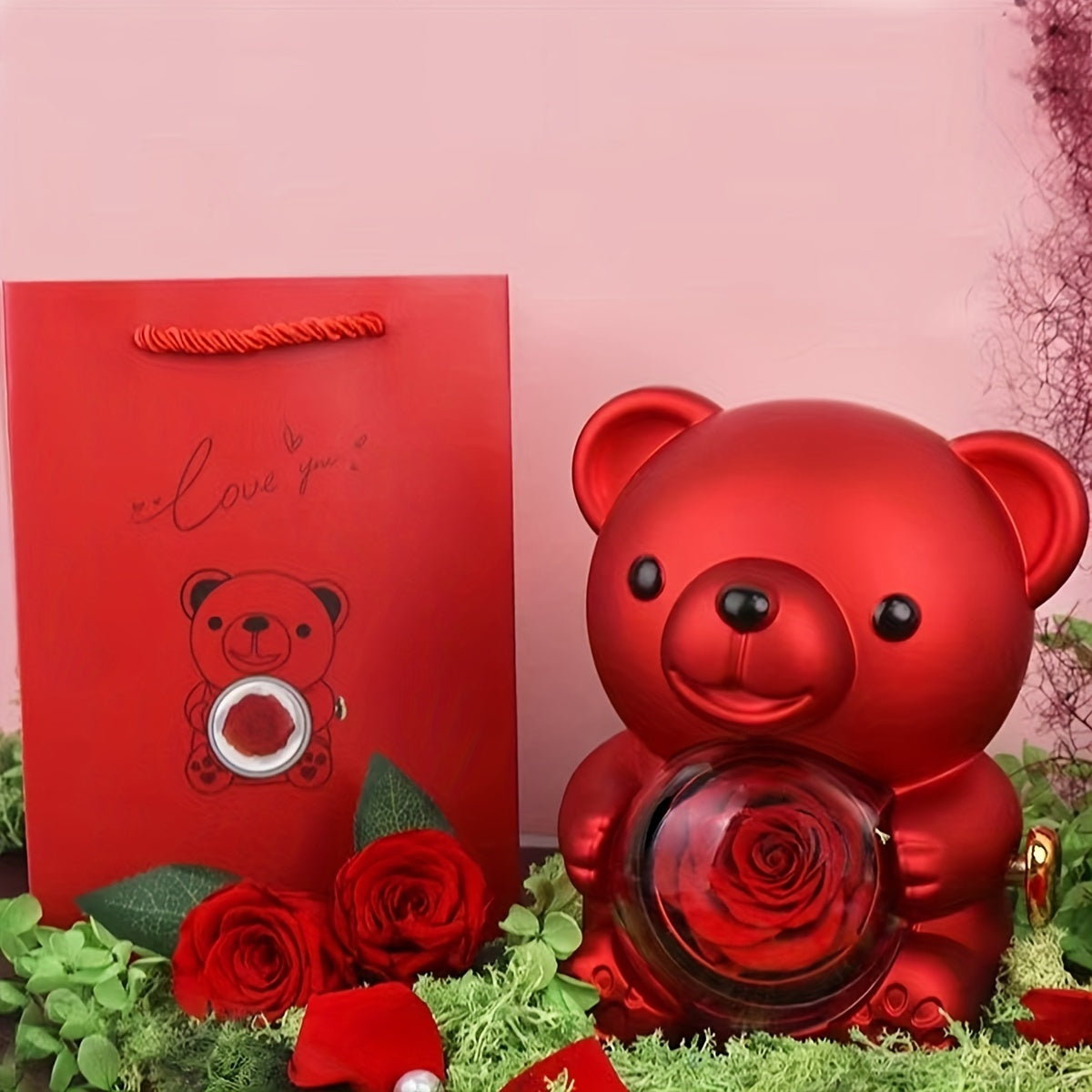 One piece of a Red Bear Rotating Soap Rose Gift Box featuring a Love Letter Pendant Necklace, made with Synthetic Zirconia and Copper materials. This simple party style gift is perfect for Mother's Day, festive celebrations, and all seasons.